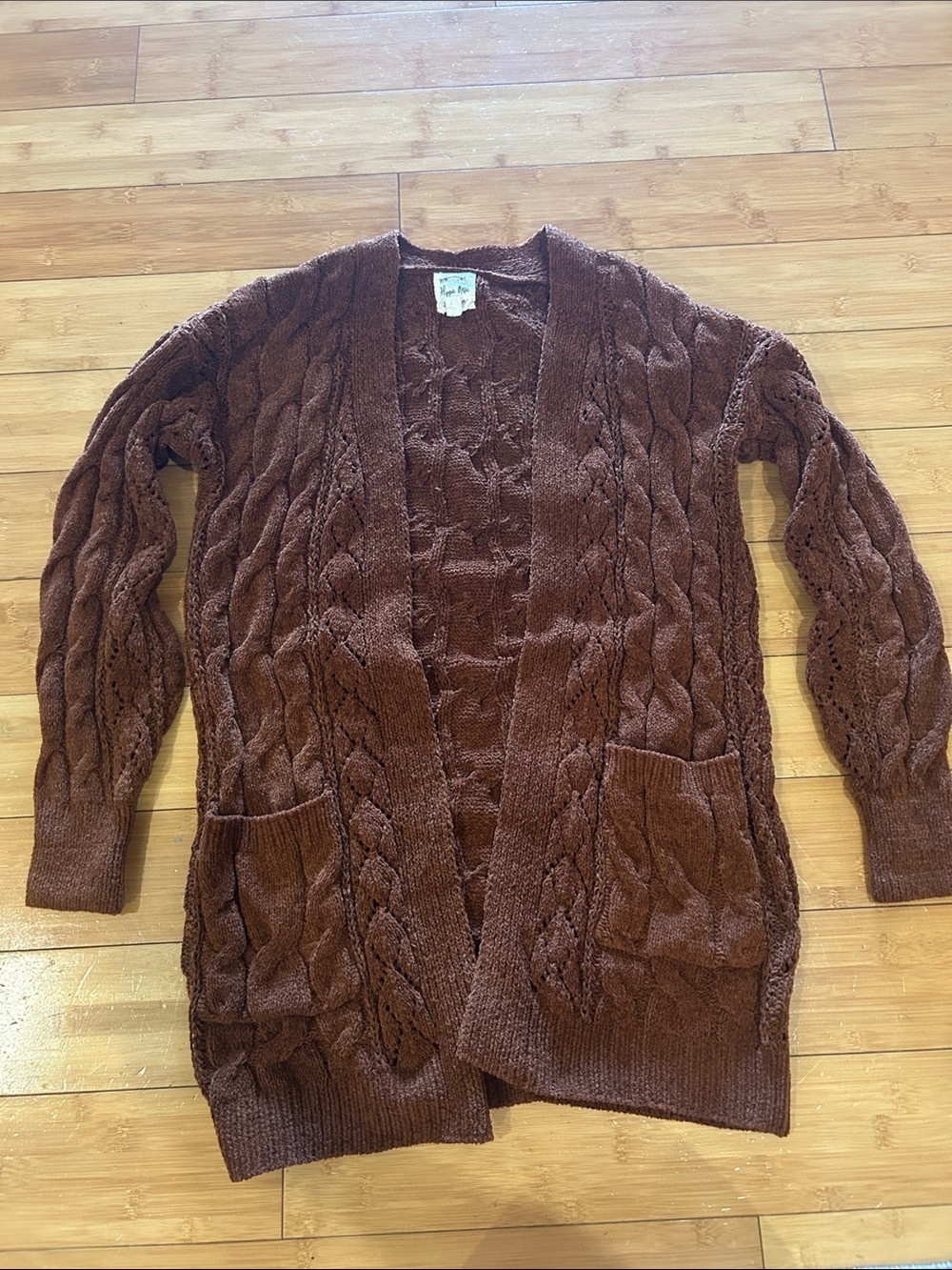 Hippie Rose Cable Knit Open-Front Cardigan - Brown